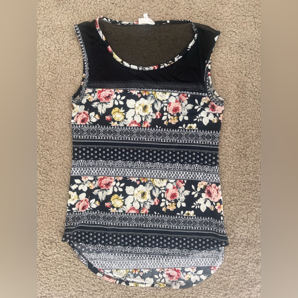 Sleeveless black with floral print top with sheer top- wear and tear